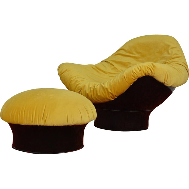 Rodica vintage armchair and footstool for Comfort in yellow velvet 1960