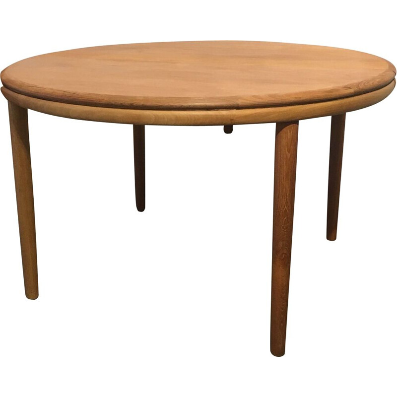 Table vintage scandinave ronde avec rallonge en bois de teck 1960