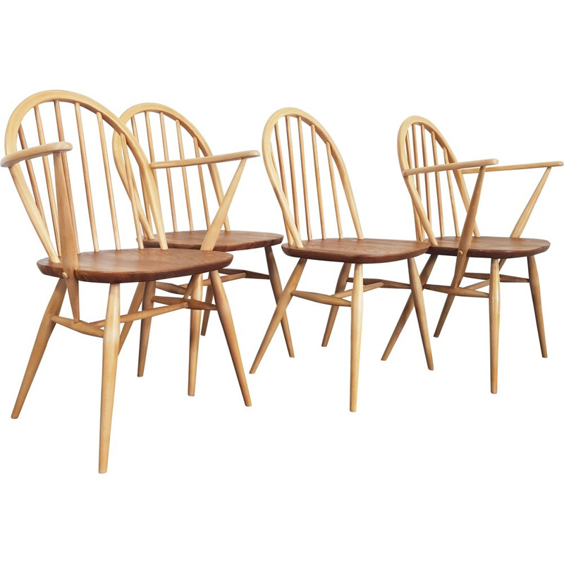 Set of 4 vintage chairs for Ercol in elmwood and beechwood 1960s