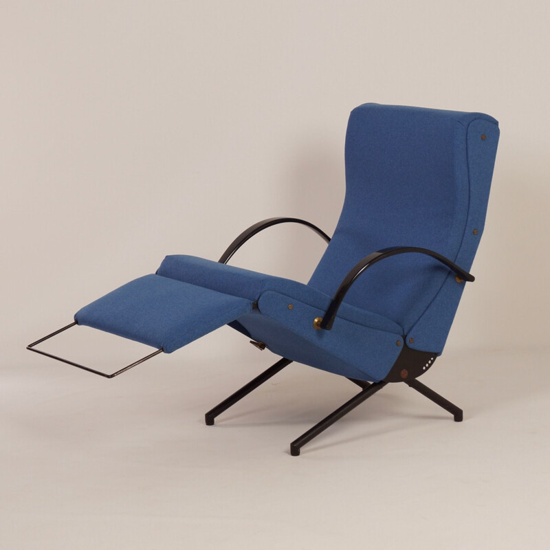 Vintage P40 armchair for Tecno in blue fabric and metal 1950s