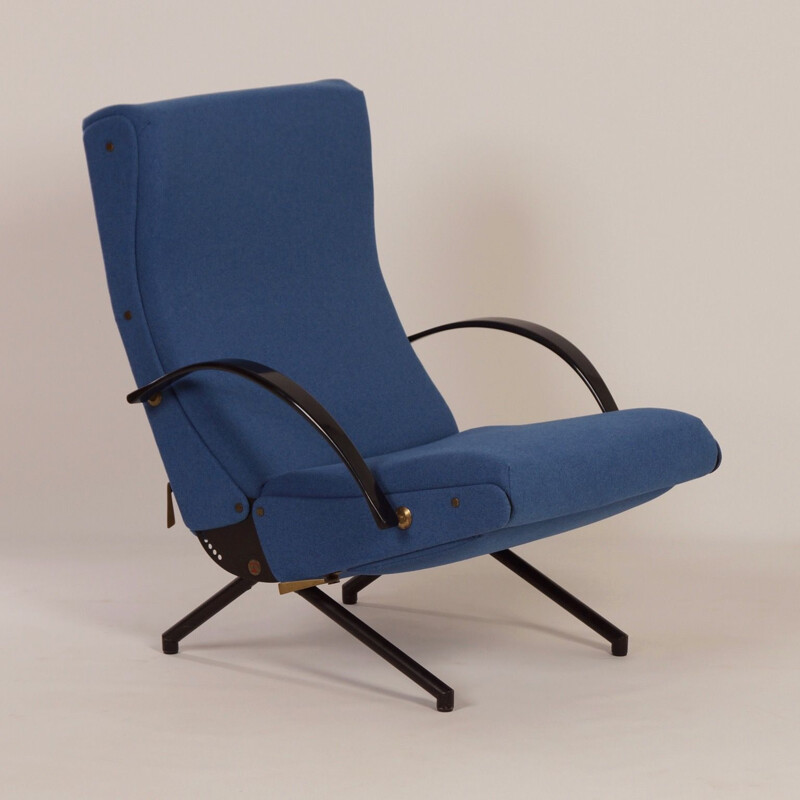 Vintage P40 armchair for Tecno in blue fabric and metal 1950s