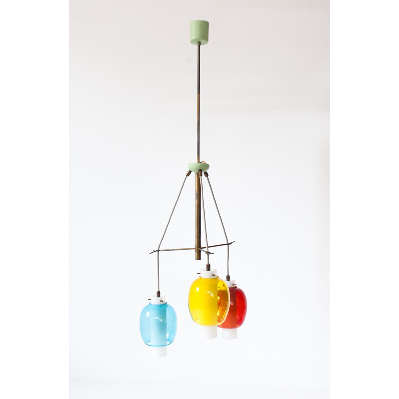 Italian hanging lamp in brass, glass and opaline - 1950s