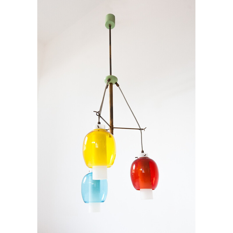 Italian hanging lamp in brass, glass and opaline - 1950s