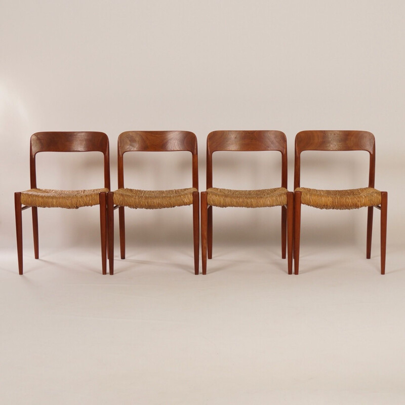 Set of 4 vintage danish chairs model 75 for JL Møller in teakwood 1950s 