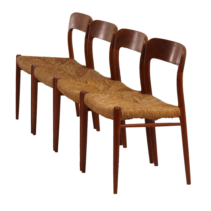 Set of 4 vintage danish chairs model 75 for JL Møller in teakwood 1950s 