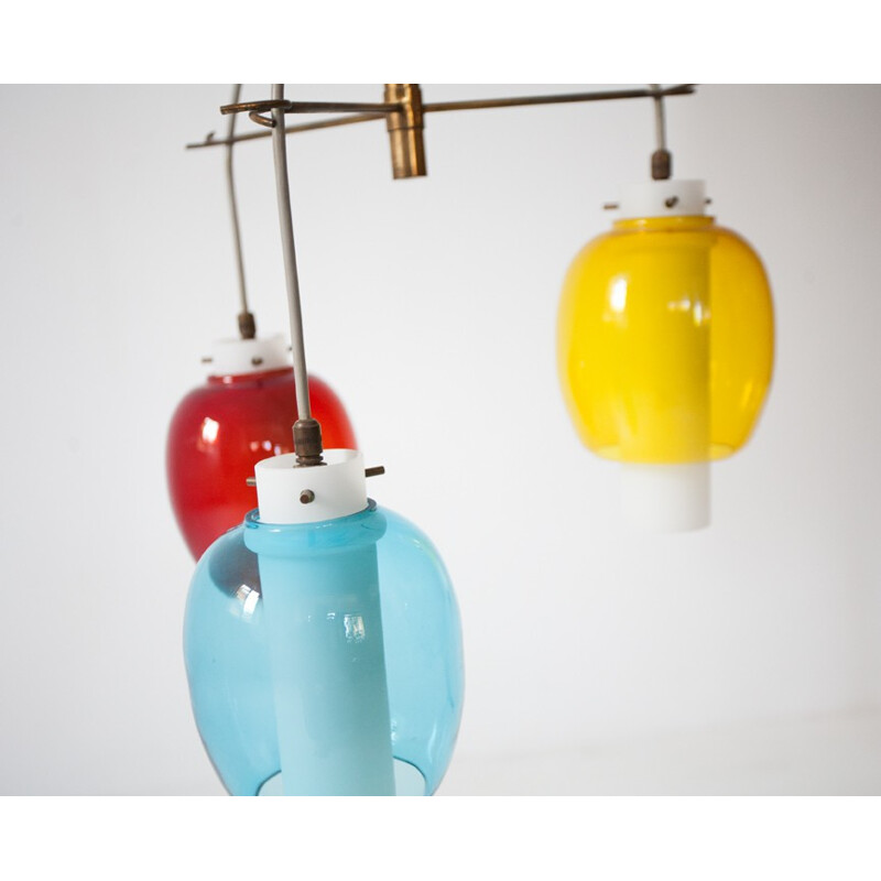 Italian hanging lamp in brass, glass and opaline - 1950s