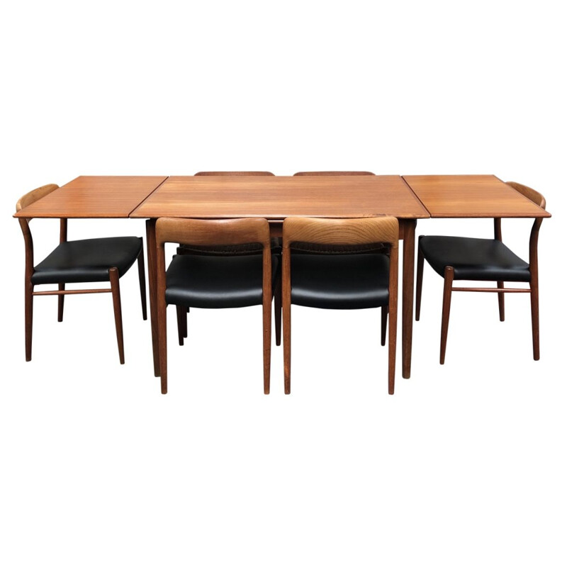 Vintage dining set with model 75 chairs for Møller in teak and leatherette 1950s