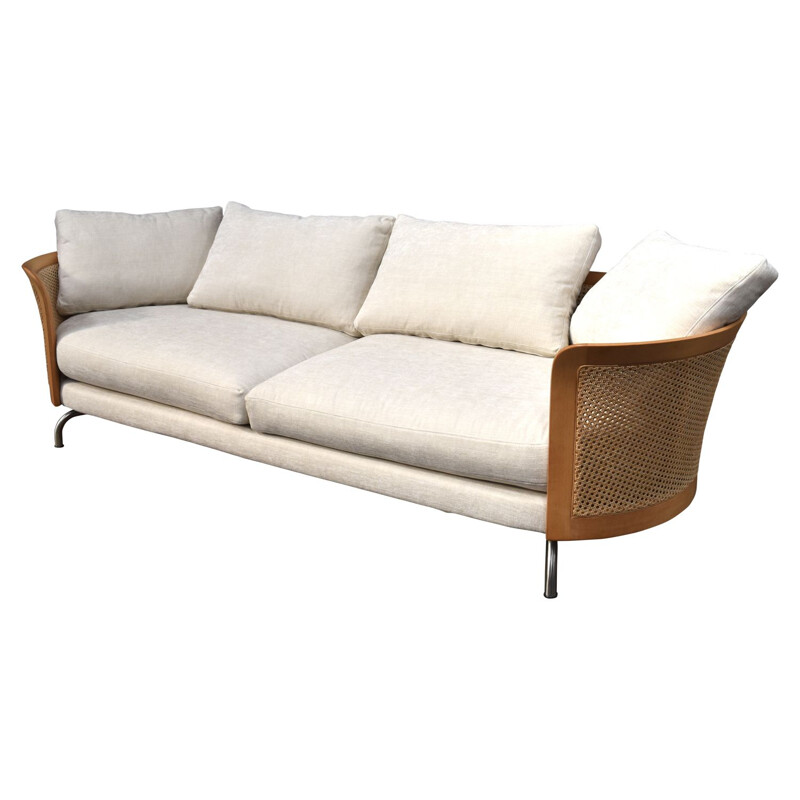 Pair of vintage italian sofas for Giorgetti in white fabric and rattan 1980s