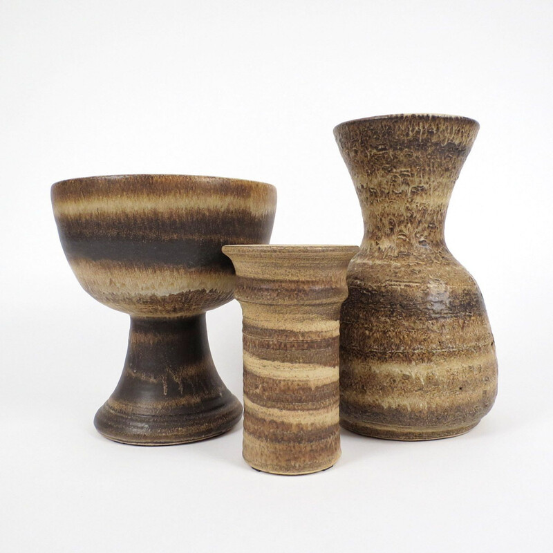 Set of 3 vintage brown ceramic vases, 1960