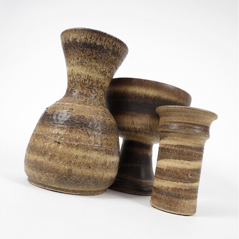Set of 3 vintage brown ceramic vases, 1960