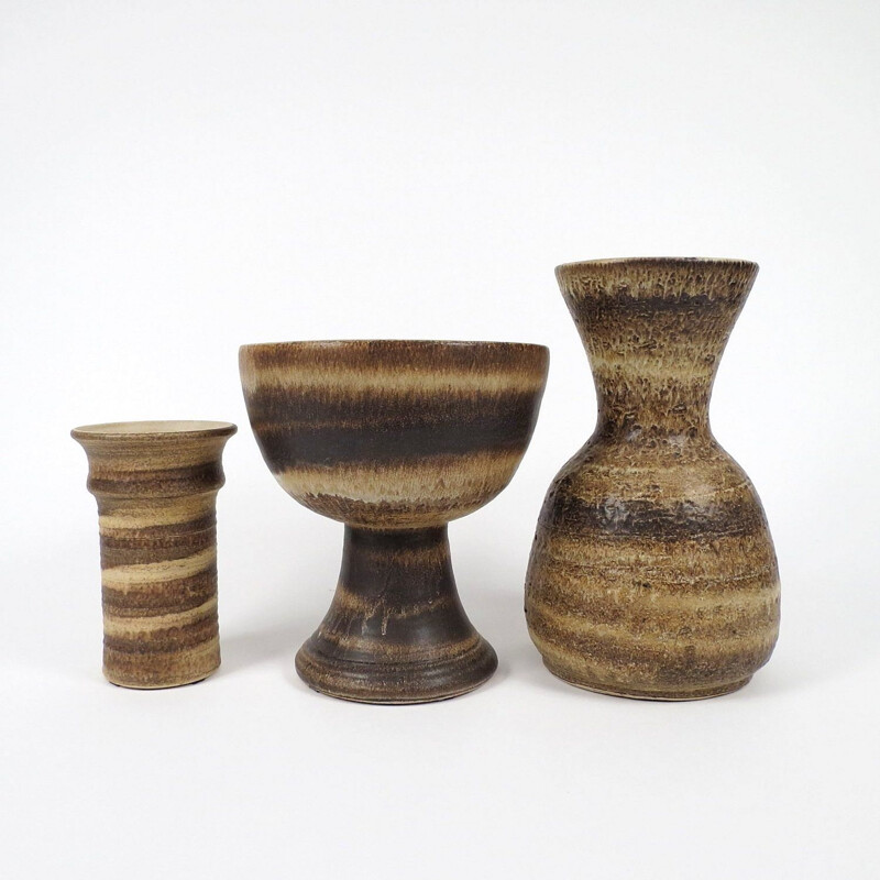 Set of 3 vintage brown ceramic vases, 1960