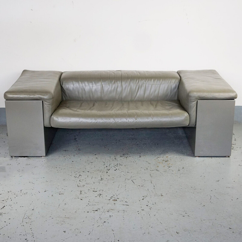 Vintage 2-seater sofa grey leather Brigadier by Cini Boeri for Knoll