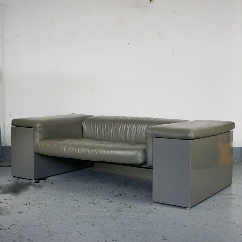 Vintage 2-seater sofa grey leather Brigadier by Cini Boeri for Knoll