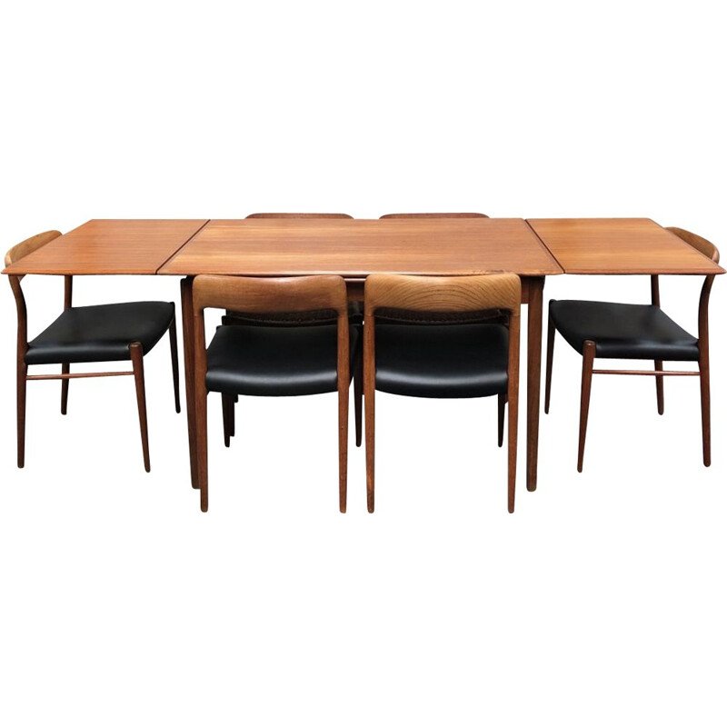 Ensemble à repas vintage avec chaises modèle 75 pour Møller en teck et simili cuir 1950