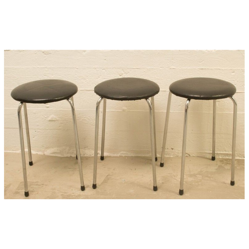 Set of 14 vintage chrome and leatherette stools, Belgium 1970