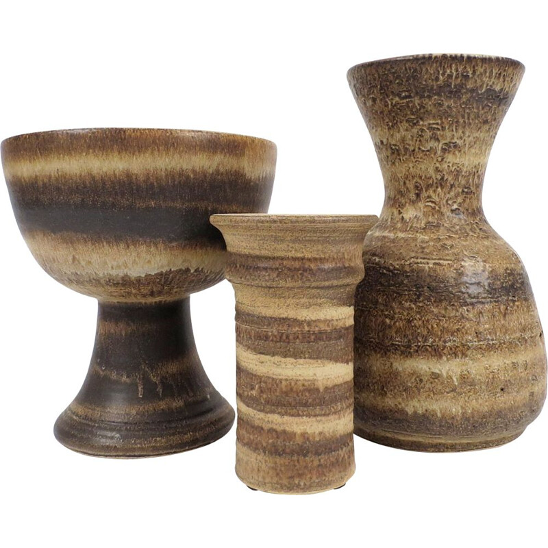 Set di 3 vasi vintage in ceramica marrone, 1960