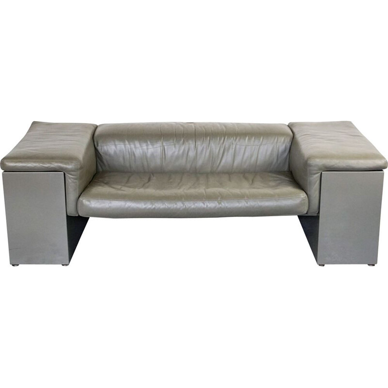 Vintage 2-seater sofa grey leather Brigadier by Cini Boeri for Knoll