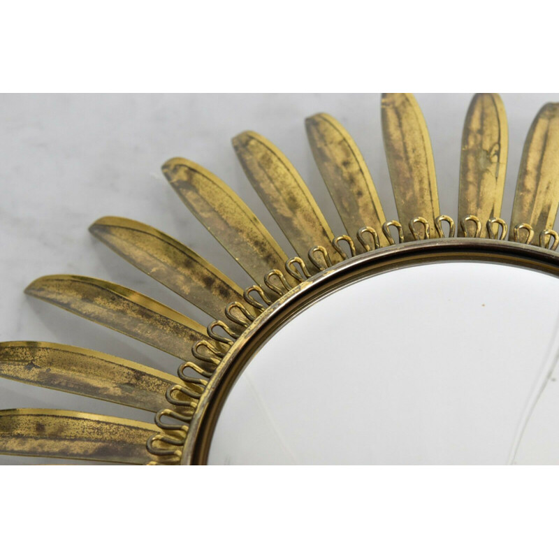 Vintage mirror brass convex Deknudt sunburst 1960s