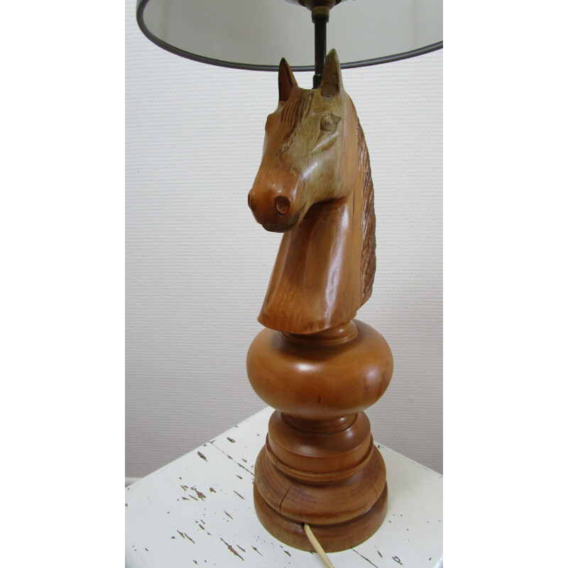 Lampe vintage en bois tourné figure de cheval