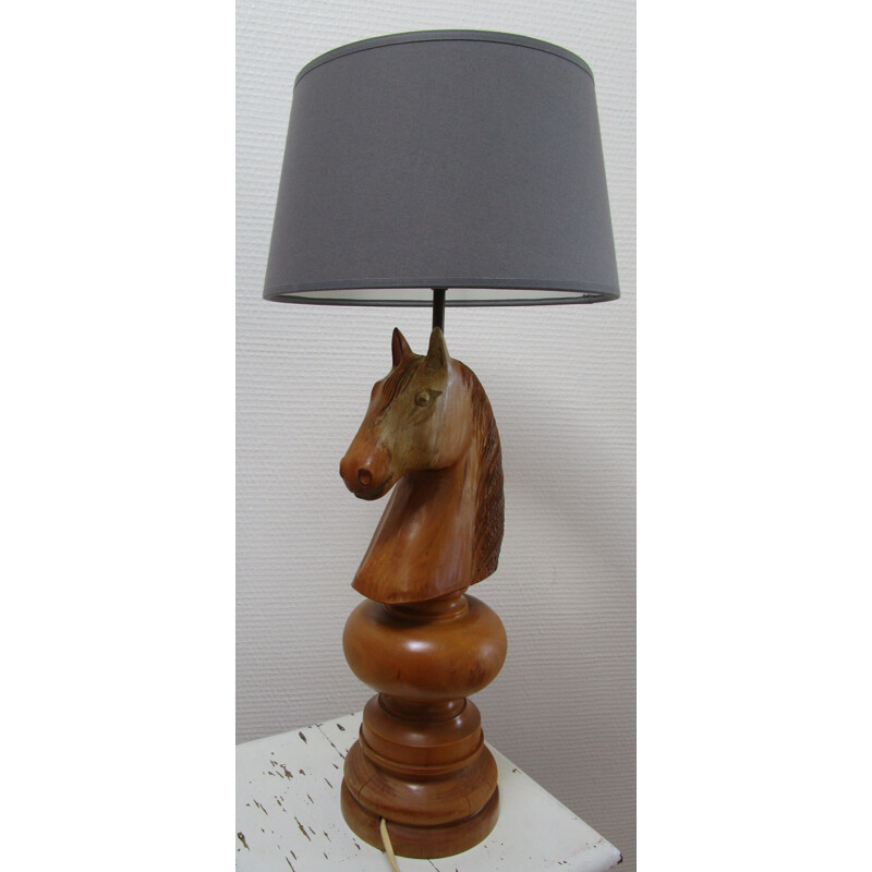 Lampe vintage en bois tourné figure de cheval