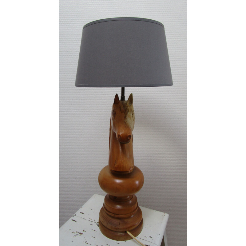 Lampe vintage en bois tourné figure de cheval
