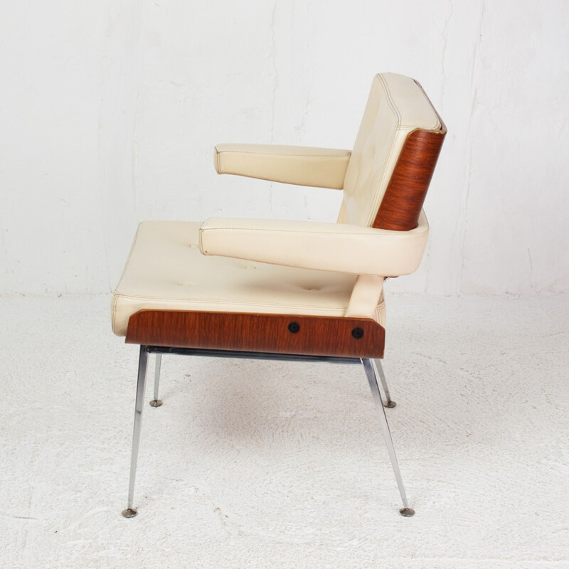 Armchair in leatherette, chromium metal and mahogany, Alain RICHARD - 1970s