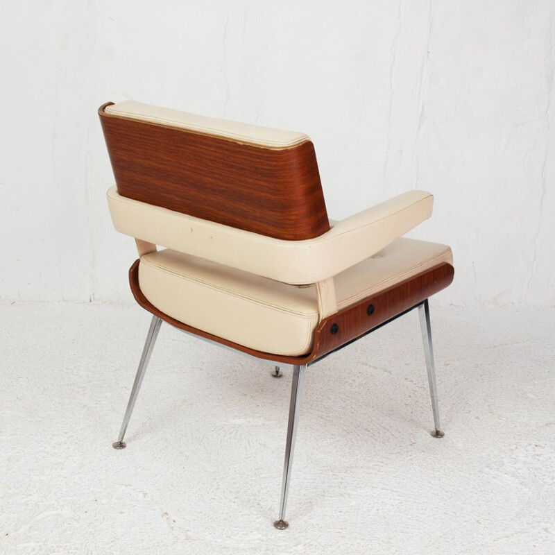 Armchair in leatherette, chromium metal and mahogany, Alain RICHARD - 1970s