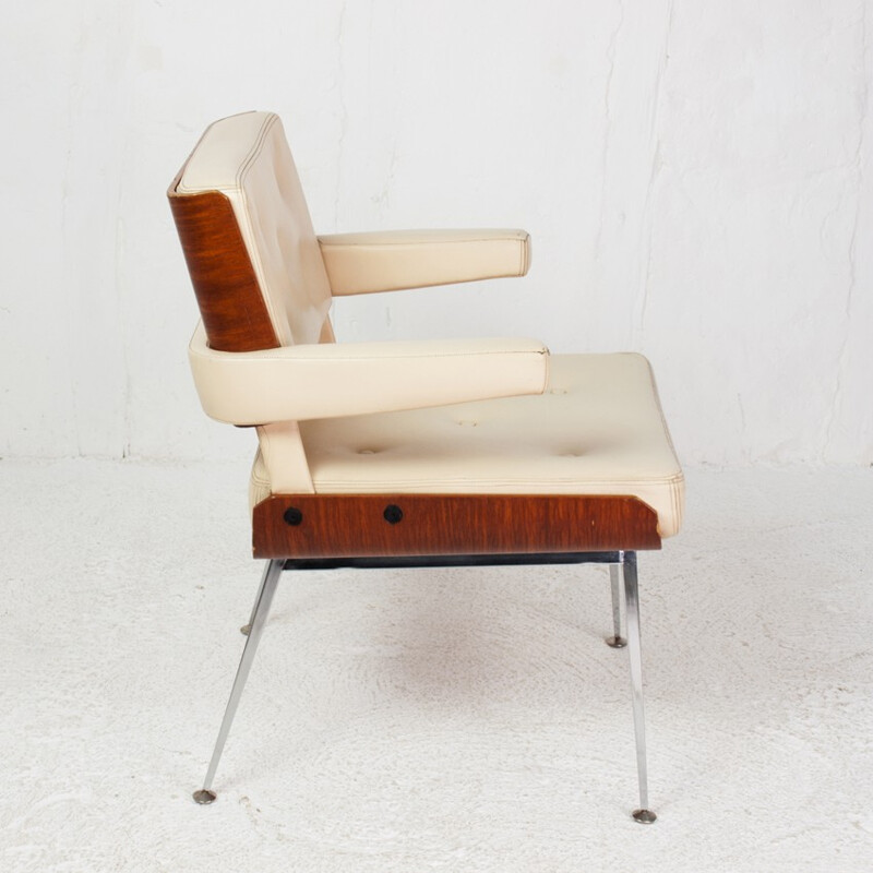 Armchair in leatherette, chromium metal and mahogany, Alain RICHARD - 1970s