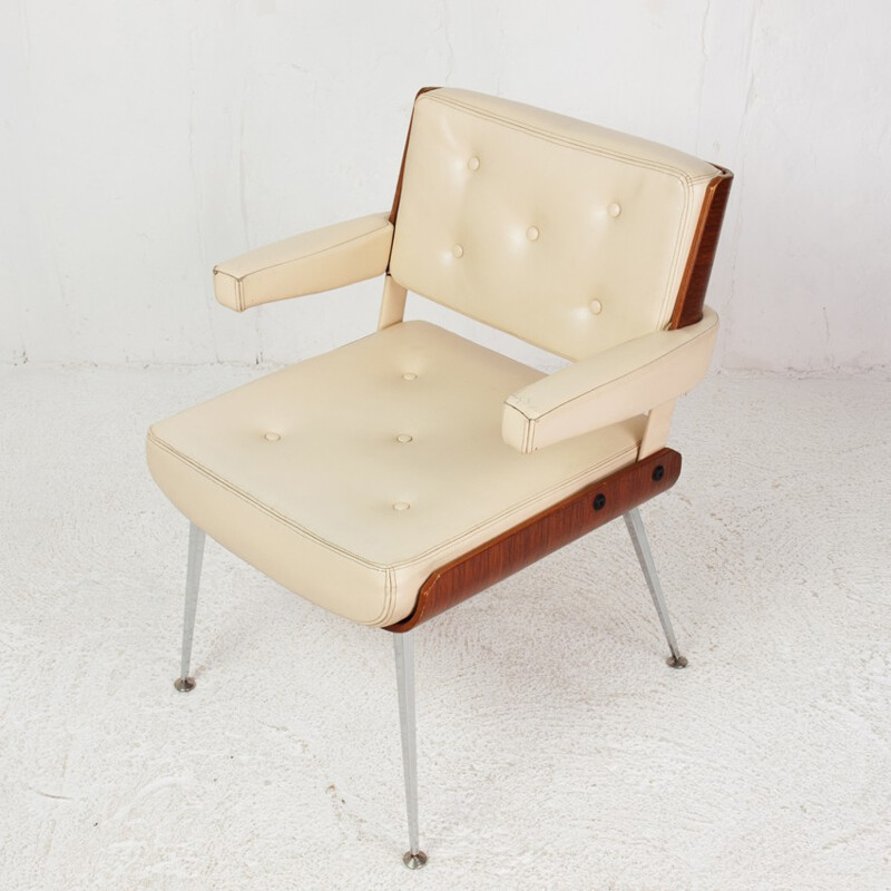 Armchair in leatherette, chromium metal and mahogany, Alain RICHARD - 1970s