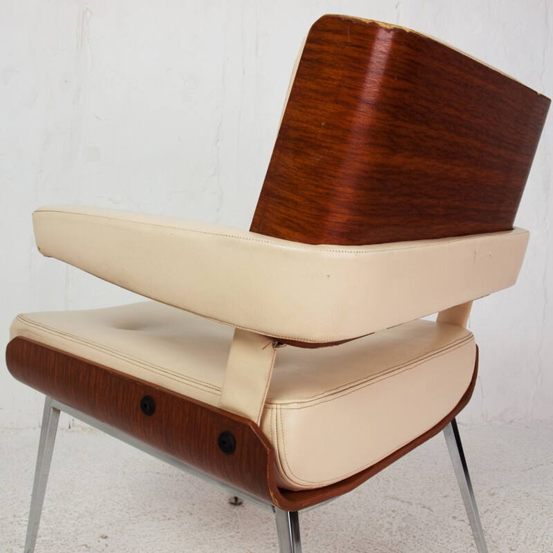 Armchair in leatherette, chromium metal and mahogany, Alain RICHARD - 1970s