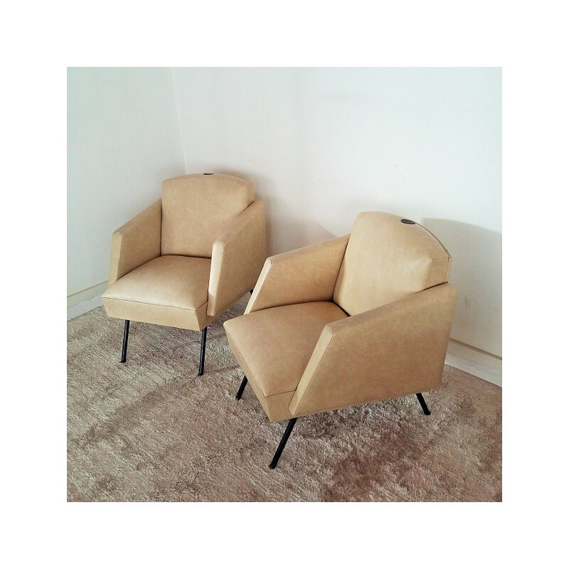 Pair of vintage armchairs in metal and leatherette - 1950s