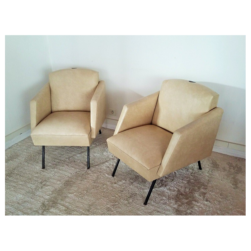 Pair of vintage armchairs in metal and leatherette - 1950s