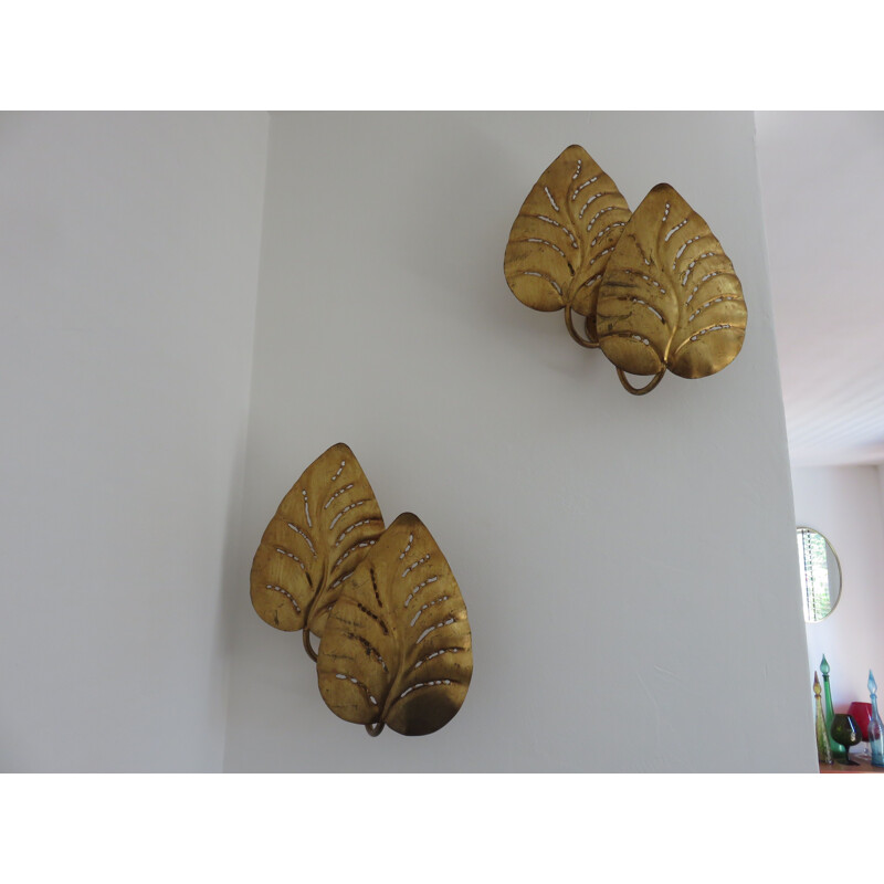 Pair of vintage gold metal wall lamps by Maison Jansen