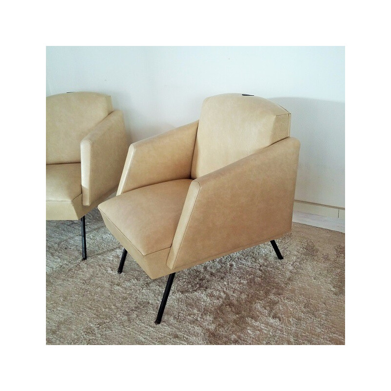 Pair of vintage armchairs in metal and leatherette - 1950s