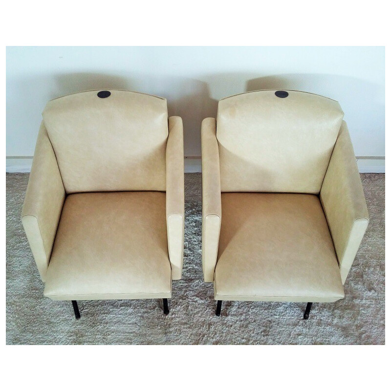 Pair of vintage armchairs in metal and leatherette - 1950s