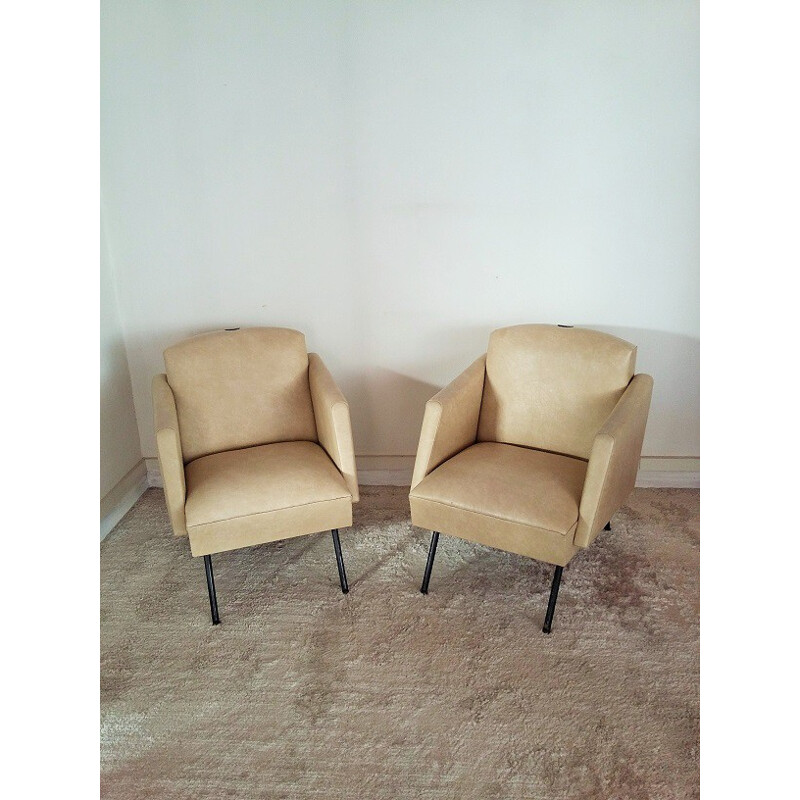 Paire de fauteuils vintage en métal et simili cuir beige - 1950