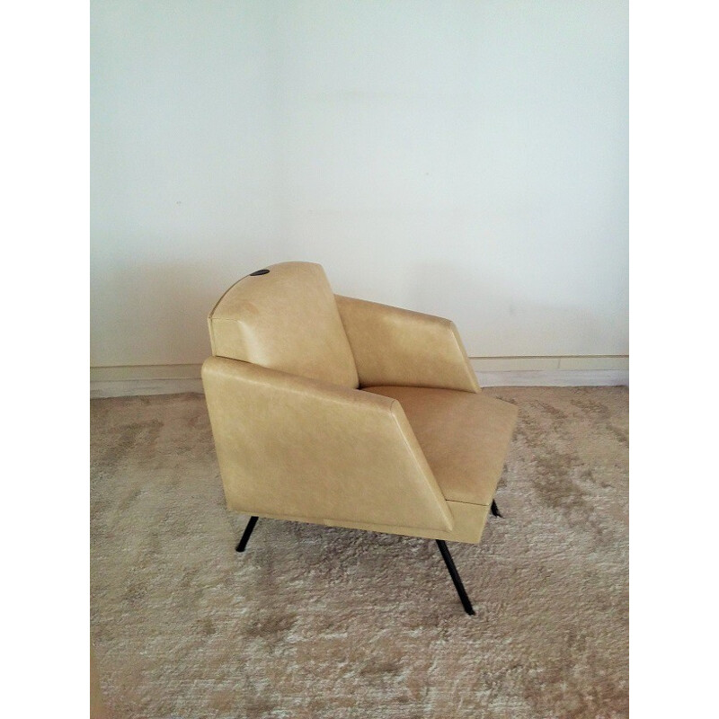 Pair of vintage armchairs in metal and leatherette - 1950s