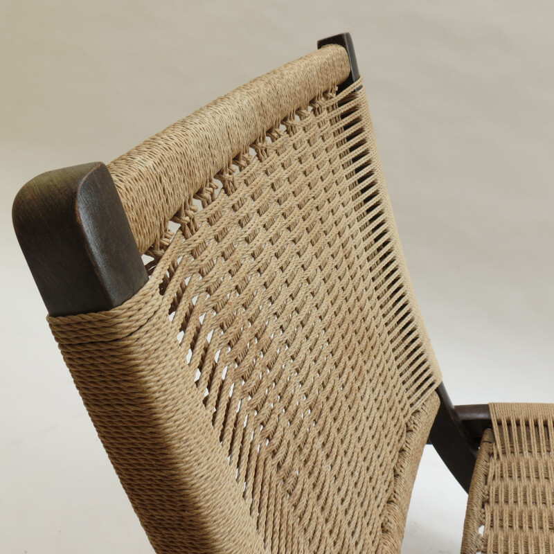 Chaise vintage pliante danois en corde et bois de hêtre 1970