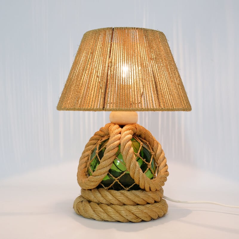 Lampe vintage française en corde tressée et verre 1950