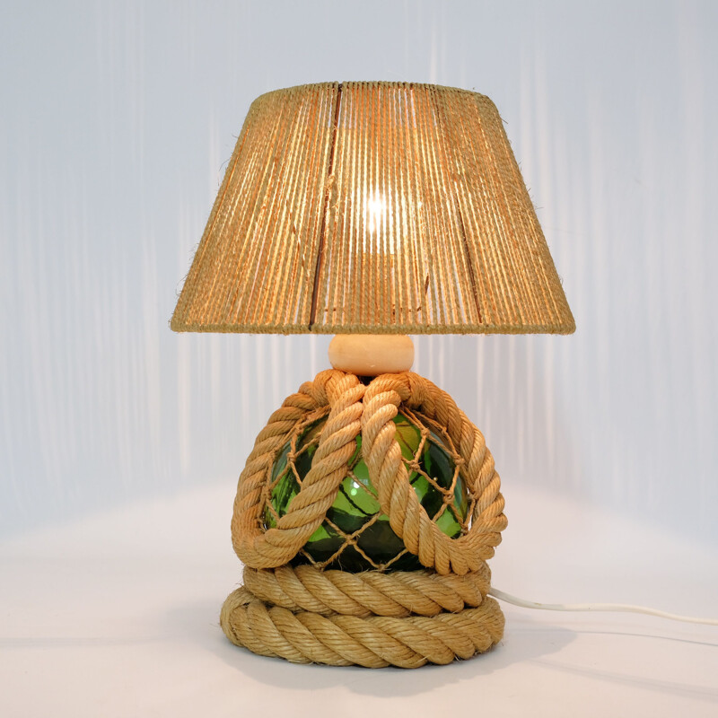 Vintage french lamp in braided rope and glass 1950