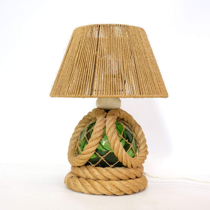 Vintage french lamp in braided rope and glass 1950