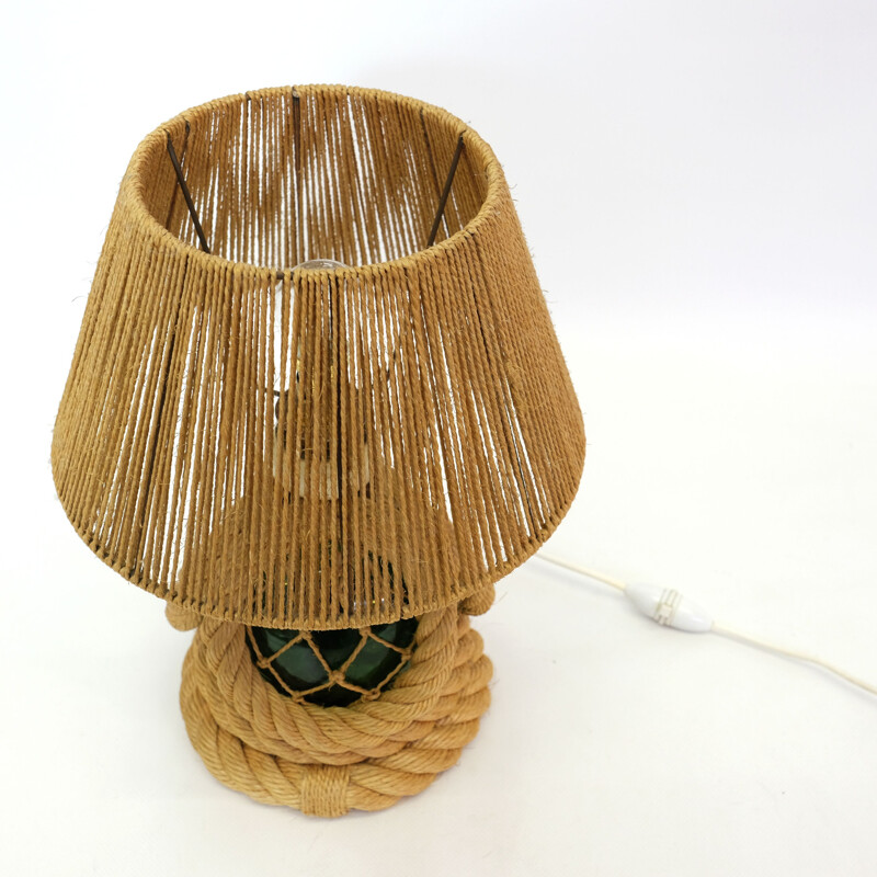 Vintage french lamp in braided rope and glass 1950