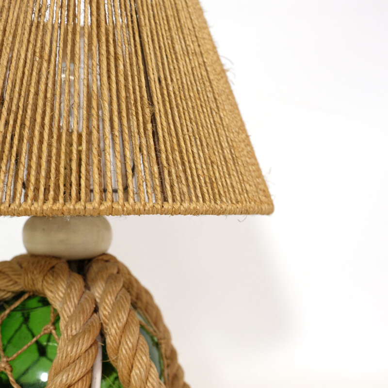 Vintage french lamp in braided rope and glass 1950