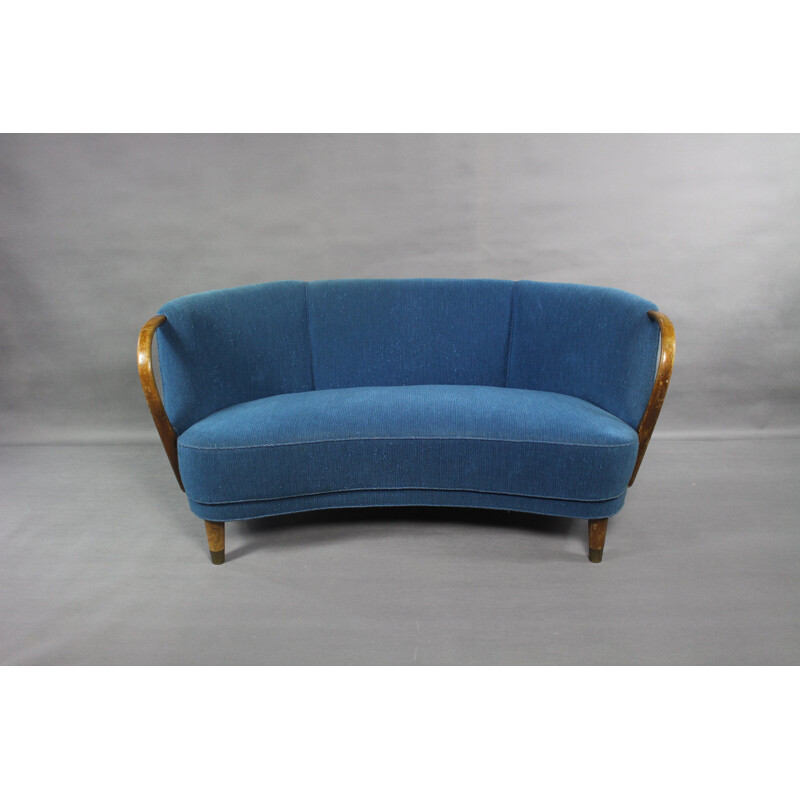 Vintage danish Banana Sofa in blue fabric and wood 1950s
