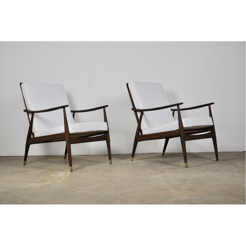 Pair of vintage Danish armchairs in white fabric and wood 1960