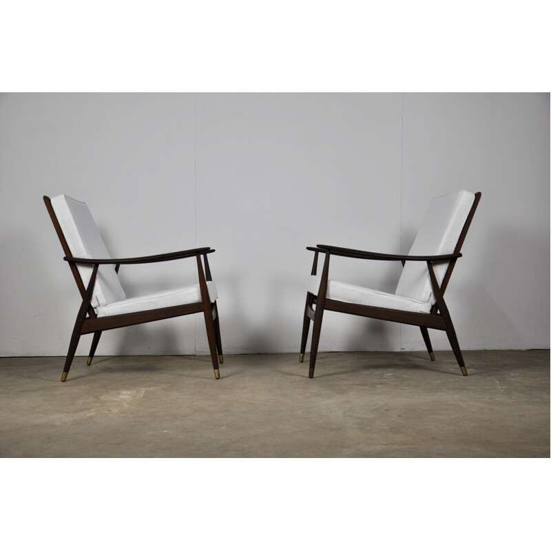 Pair of vintage Danish armchairs in white fabric and wood 1960