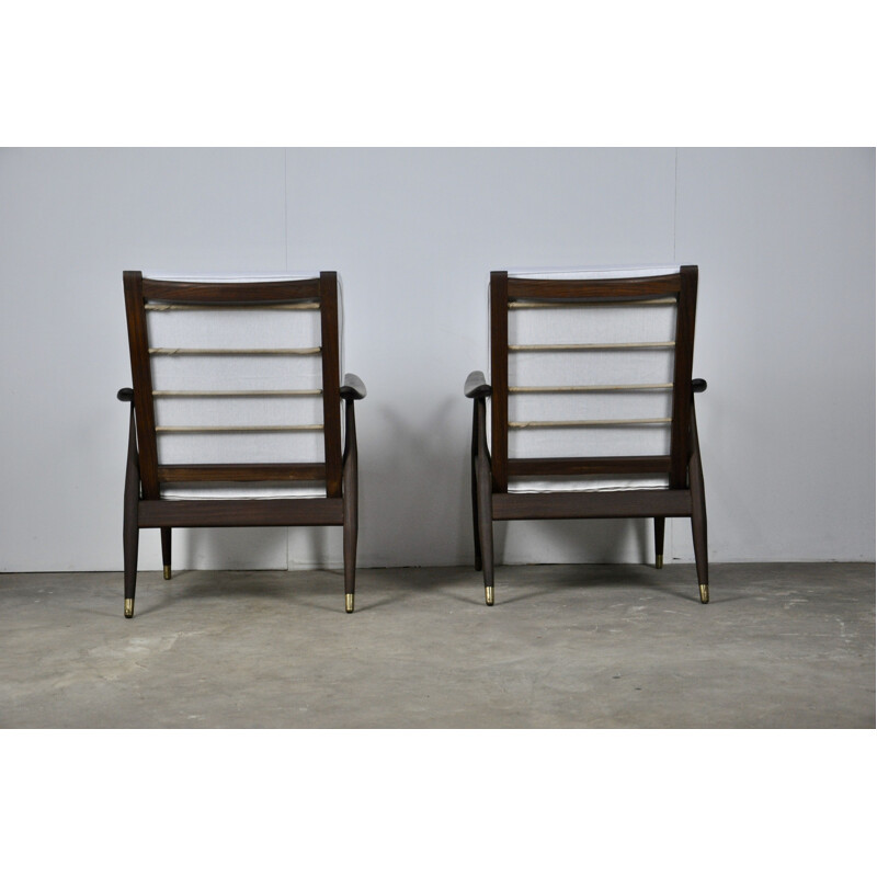 Pair of vintage Danish armchairs in white fabric and wood 1960