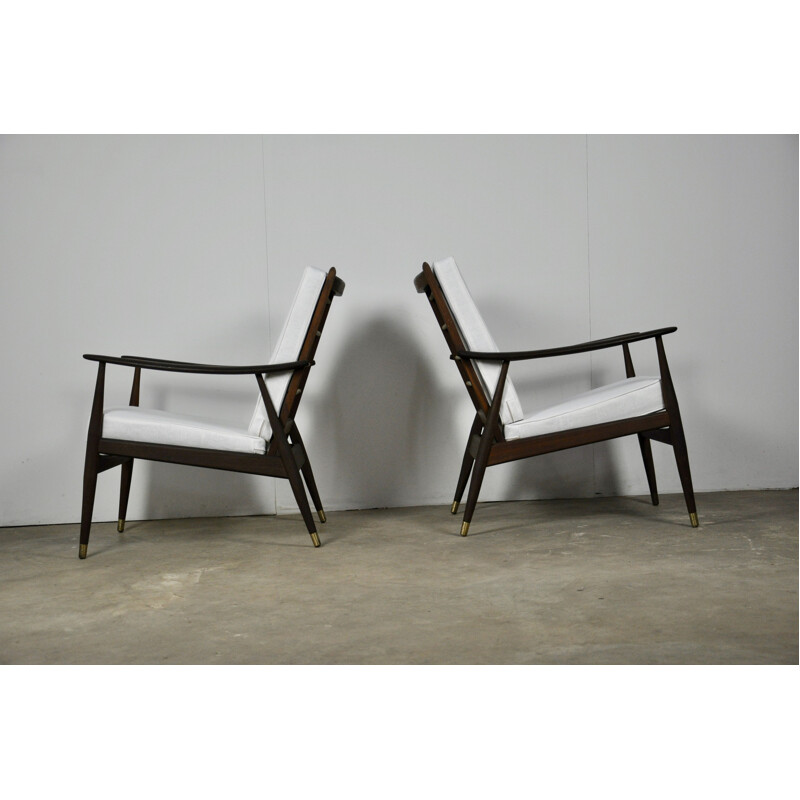 Pair of vintage Danish armchairs in white fabric and wood 1960