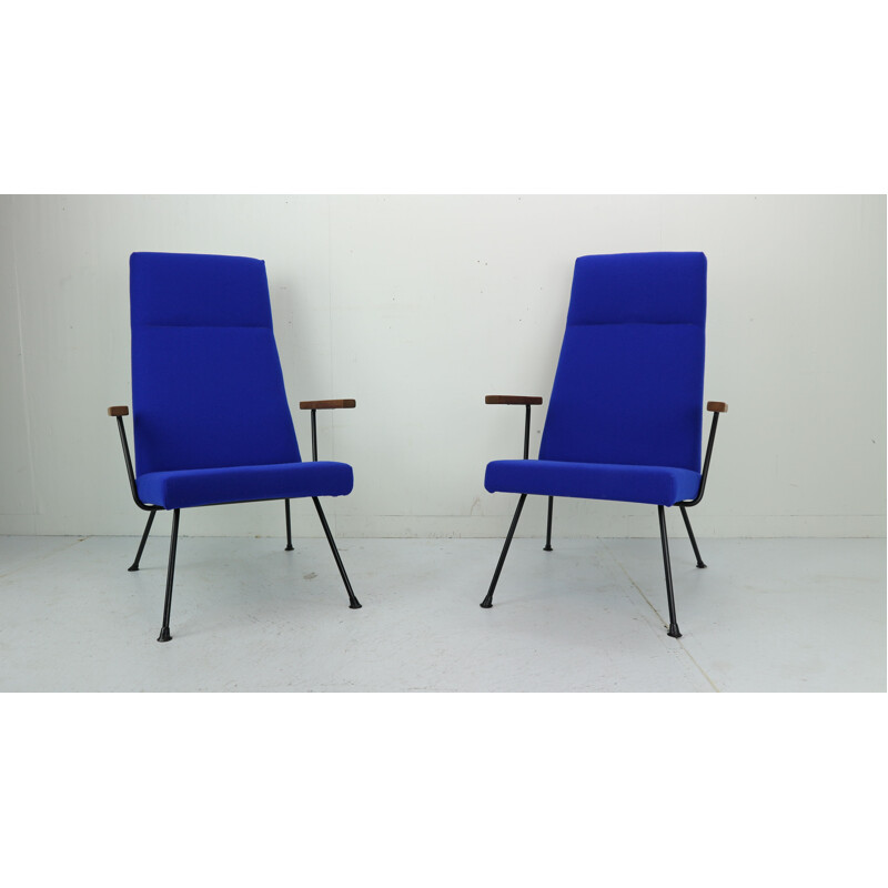 Set of 2 vintage 1410 armchairs for Gispen in blue wool and metal 1960s