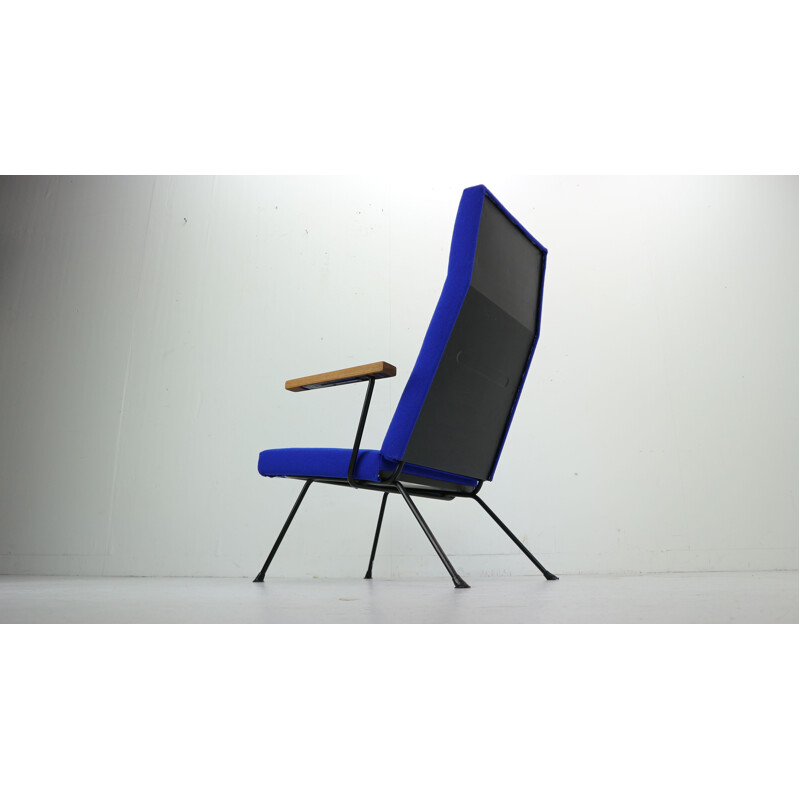 Paire de fauteuils vintage 1410 pour Gispen en laine bleue et métal 1960